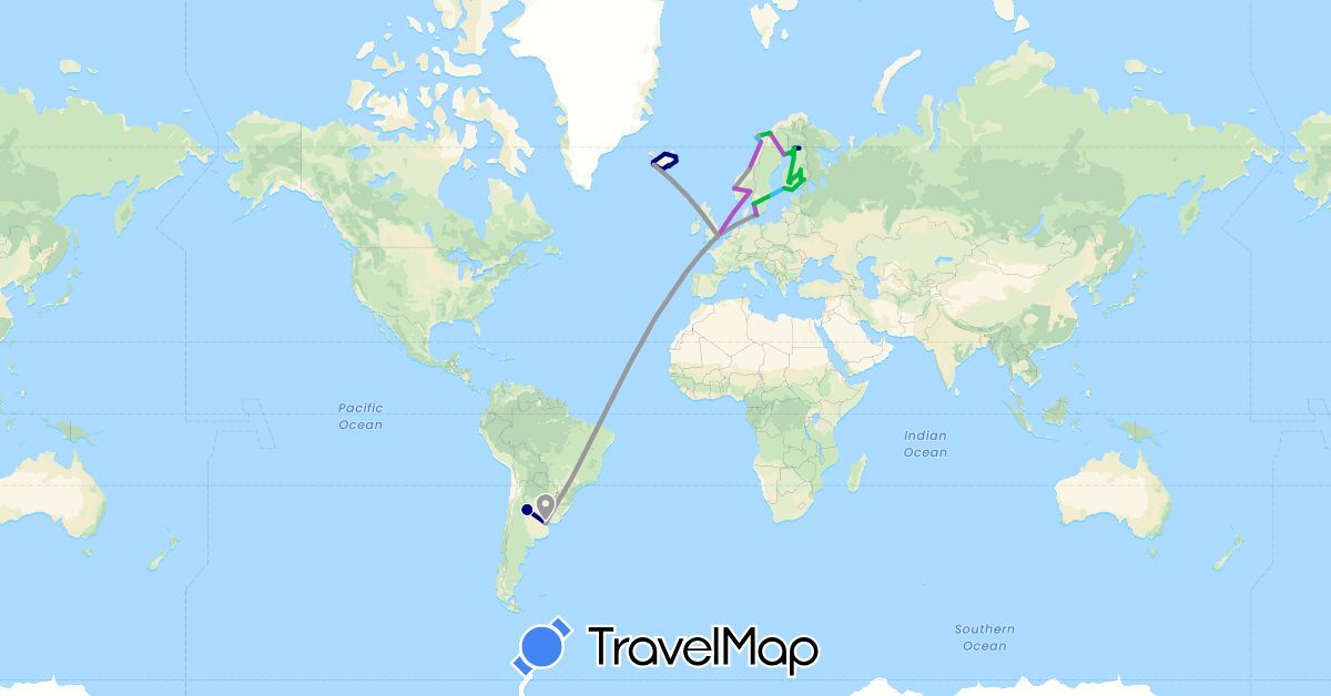TravelMap itinerary: driving, bus, plane, train, hiking, boat, hitchhiking in Argentina, Denmark, Finland, United Kingdom, Iceland, Norway, Sweden (Europe, South America)
